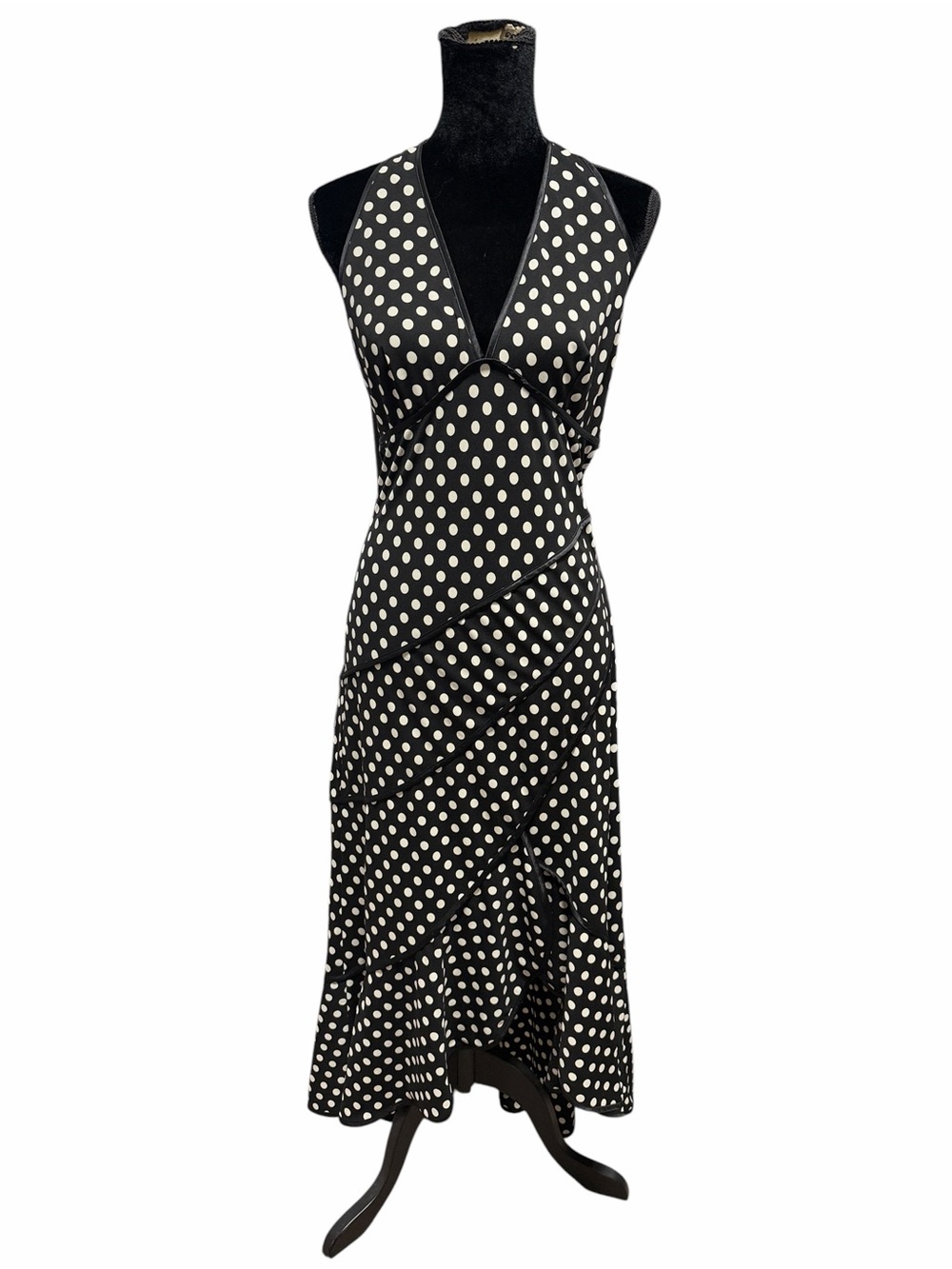 Vintage 90s Halter Ruffle Black White Polka Dot Maxi Dress Size Small